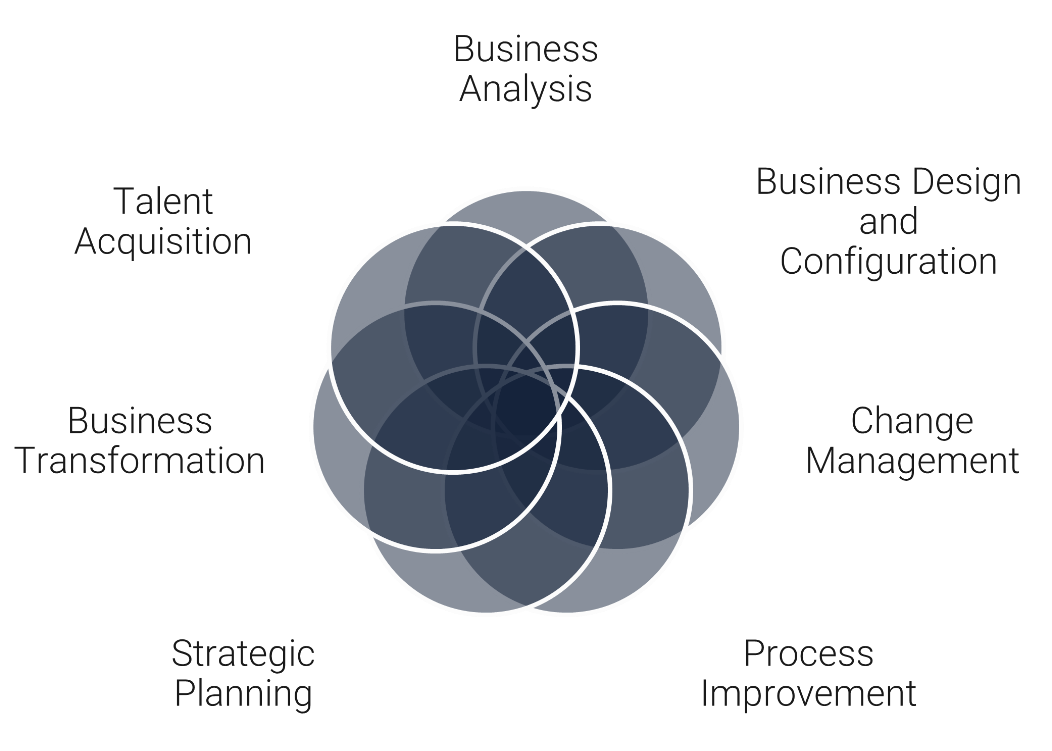 Venn diagram illustrating the overlap of business concepts: talent acquisition, transformation, analysis, design, change management, planning, and process improvement.